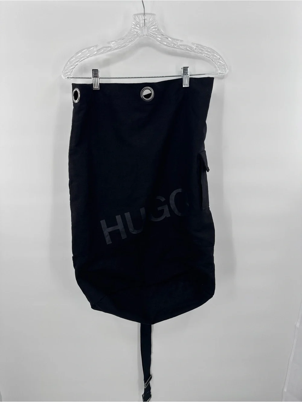 HUGO Black Drawstring Backpack Sling Bag Canvas Utility Bucket Logo Unisex Y2K